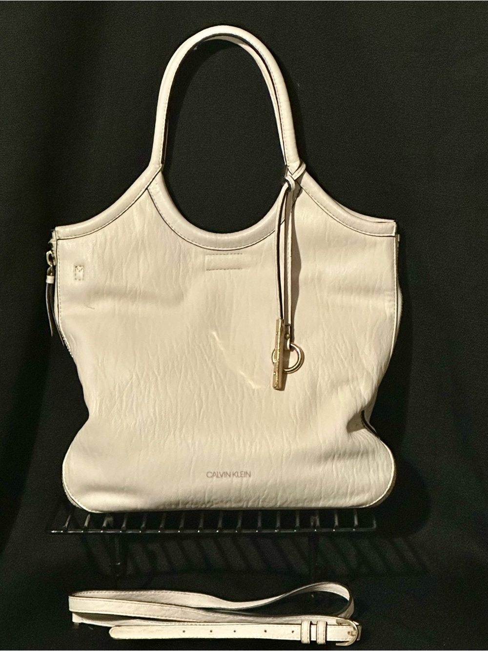 Calvin Klein Cream Leather Shoulder Tote with Gold Accent